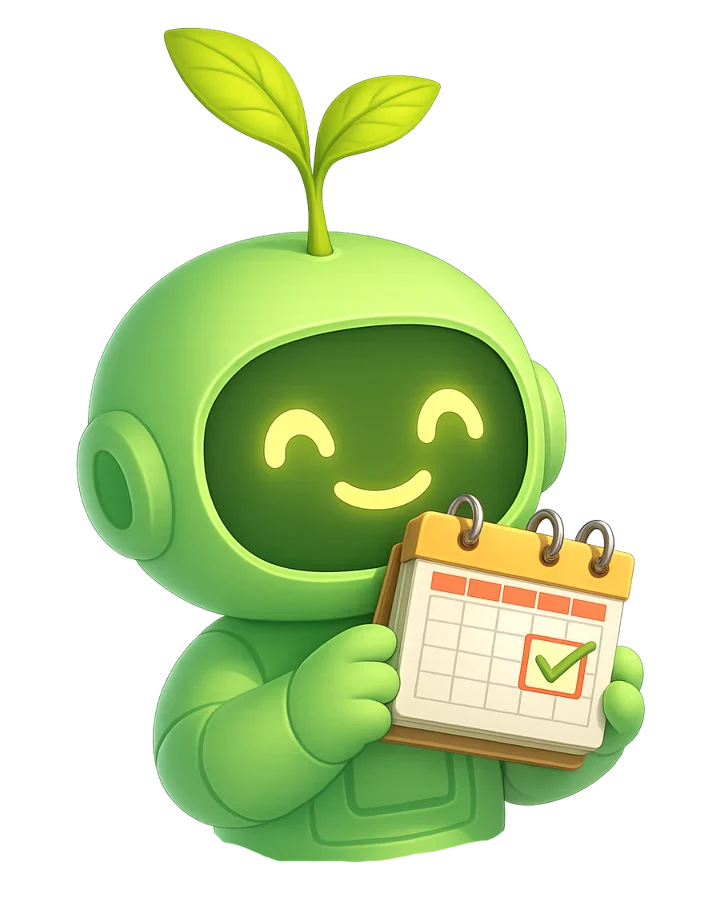 La mascotte MEMO tient un calendrier coché